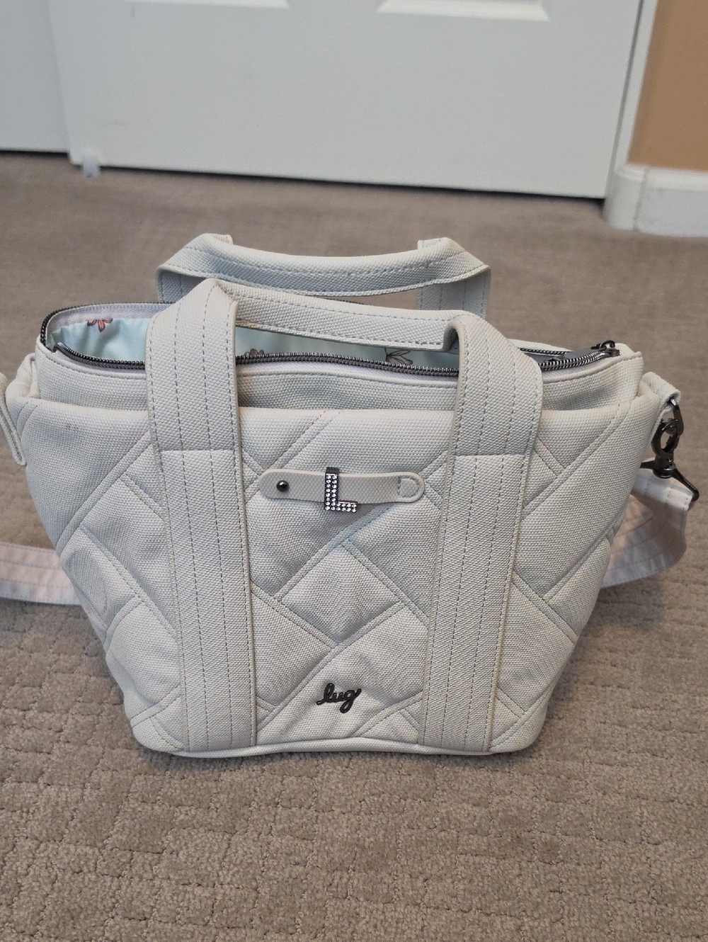lug Floral Lined Light Blue Tote with Cream Trim